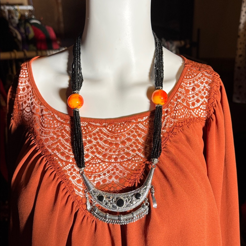 African Ascent Black and Silver Necklace with Vibrant Orange Beads 27 inches